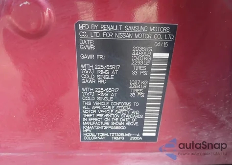 2015 Nissan Rogue Sv z USA, uszkodzony, nr VIN KNMAT2MT2FP558900